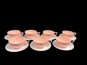 Sun Valley Melmac Set of 7 Pink & White Cup & Saucers Cottagecore Midcentury 50s